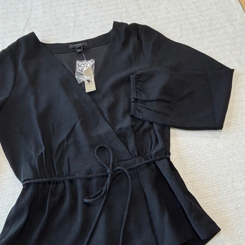 J.Crew Faux Wrap Peplum Top Black Long Sleeve V-Neck H2847 Size 6